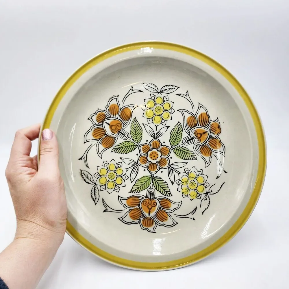 Vintage 70s Quasar Stoneware MCM Flowers Orange Brow Flowers Retro Round Platter